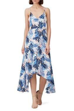 Slate & Willow Blue Tropical Leaf Print Handkerchief Hem Sleeveless Dress Size S
